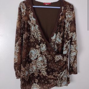 Anne Klein Crossover V-Neck Floral Long Sleeve Blouse
